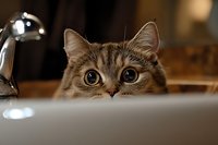 Curious tabby cat peeking over bathroom sink edge with wide eyes and alert expression in warm indoor lighting for pet care and feline behavior concepts.