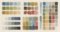 Watercolor paint swatches palette showing various color gradients and mixing techniques for artists and designers on white background.