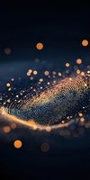 Digital fingerprint pattern with glowing golden bokeh lights on dark background, highlighting biometric security and personal identification technology.