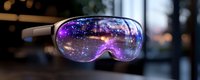 Futuristic virtual reality goggles reflecting cosmic purple space scene with stars and nebula against blurred city lights background. Modern gaming technology.