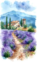 Romantic watercolor landscape of Provence countryside with traditional villa, stone tower, and blooming lavender field along winding path. Perfect for travel illustrations and home decor.
