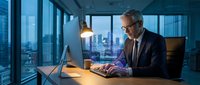 Professional mature businessman working on laptop in modern office with city skyline view through floor-to-ceiling windows during evening hours.