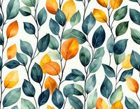 Seamless botanical pattern with yellow and orange leaves among teal foliage on white background. Watercolor style floral design for fabric, wallpaper and packaging.