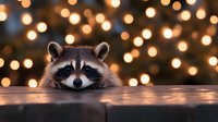 Curious raccoon peeking over wooden surface against blurred bokeh lights background, creating magical holiday atmosphere with warm golden glow.