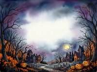 Spooky Halloween night scene with haunted houses, jack-o-lanterns, bare trees and full moon creating atmospheric horror background for seasonal designs.
