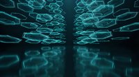 Futuristic digital hexagonal network pattern with glowing cyan neon lines creating tunnel perspective on dark background for technology concepts.
