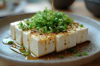Fresh silken tofu block garnished with green onions and sesame seeds, drizzled with soy sauce on ceramic plate for healthy Asian cuisine recipes.
