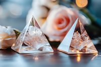 Crystal pyramid shapes with pink quartz clusters inside on reflective surface, soft rose flowers and glowing bokeh lights create magical healing atmosphere.