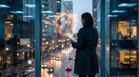Young woman with long dark hair, wearing a dark business blazer, standing at a high-rise window at dusk holding a glowing digital globe, overlooking illuminated cityscape with traffic below.