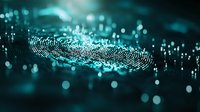 Digital fingerprint scan with glowing turquoise bokeh lights on dark background, representing biometric security technology and personal identification.
