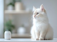 White fluffy ragdoll cat with blue eyes sitting gracefully on table next to small white jar, soft blurred background creates serene home atmosphere.