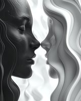 Monochrome artistic portrait of two female profiles facing each other, depicting contrast between light and dark figures with flowing hair in minimalist style.