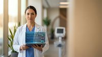 Female doctor in white coat holding digital tablet with medical data display in modern hospital corridor for healthcare technology presentations.