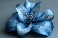 Delicate blue lily flower with water droplets and speckled petals on gray background, macro photography showing intricate stamen details and dewdrops.