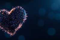 Glowing heart shape formed by sparkling rose gold and blue particles against dark background with bokeh effect, romantic magical atmosphere.