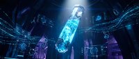 Futuristic holographic cylinder with glowing blue energy in high-tech laboratory interior with digital displays and advanced scientific equipment.