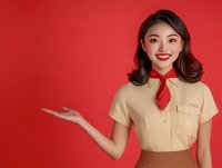 Young Asian woman in retro style outfit with red neck scarf and beige blouse smiling and gesturing with palm up against red background. Professional portrait for advertising.