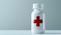White medicine bottle with red medical cross symbol on minimalist gray background, healthcare and pharmaceutical concept for medical presentations.