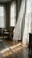 Sunlit room with sheer lace curtains flowing across tall windows, leather armchair, hardwood floors, and natural light creating shadows. Interior design and home decor.