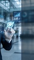 Businessman in suit touching upward arrow and financial growth charts with digital data visualization in modern office environment for business success concepts.
