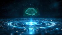 Glowing digital brain above futuristic circular technology interface with blue light effects against dark background, representing artificial intelligence and machine learning.