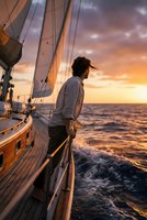 Young man sailing yacht at golden sunset over ocean waves with dramatic sky and warm light reflecting on water creating peaceful maritime adventure scene.