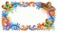 Colorful Mexican fiesta frame with maracas, sombrero and decorative swirls on white background for Cinco de Mayo celebration design projects.