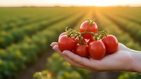Fresh ripe cherry tomatoes in farmer's hand at sunset over agricultural field rows. Organic harvest concept for healthy eating and sustainable farming.