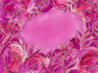 Vibrant pink watercolor floral frame with golden outlines, lush blooms and leaves surrounding a soft magenta center, perfect for greeting cards and invitations.