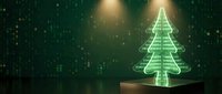 Futuristic holographic Christmas tree glowing in green neon light on wooden platform against digital matrix background for holiday technology concepts.