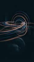 Abstract light trails in copper and blue tones flowing through concentric circular forms against dark background. Modern digital art for contemporary design, technology, and innovation concepts.