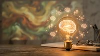 Glowing lightbulb with brain icon and digital particles on wooden desk, representing creative thinking, innovation, and intelligent ideas for business and education concepts.
