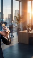 Businessman touching digital interface with data analytics icons in modern office with city view and sunlight for technology and business growth concepts.