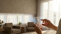 Smart home automation control panel on smartphone screen with modern living room interior featuring comfortable seating and natural lighting.