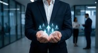 Professional businessman in dark suit holding glowing digital network of connected people icons representing teamwork, leadership and human resources management.