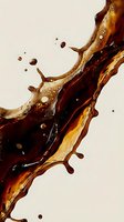 Dynamic coffee splash with droplets and bubbles creating fluid motion against neutral background for beverage advertising and culinary design projects.