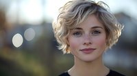 Young Caucasian woman with short wavy blonde hair and blue eyes smiling softly against blurred bokeh background, perfect for lifestyle or beauty advertising.