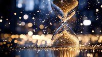 Magical hourglass with golden glitter sand against dark background with bokeh lights and sparkles, symbolizing time passing and precious moments.
