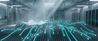 Digital data streams flowing through modern server room with glowing cyan lines and light rays, representing cloud computing, network infrastructure, and technology innovation for business solutions.
