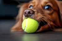 Close up of brown dachshund dog holding yellow tennis ball in mouth, lying on dark surface with soft focus background, showing playful expression and nose detail.