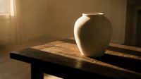 White ceramic vase on wooden table with warm sunlight streaming through window, creating soft shadows and highlighting the vessel's smooth curves for home decor and interior design.