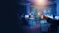 Businessman in dark suit touching digital network interface with glowing neon icons representing connected people and organizational structure in modern office environment for business networking.