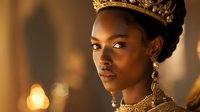 Elegant African woman wearing ornate golden crown and jewelry in warm lighting, royal portrait with regal expression and luxurious accessories.