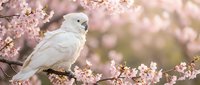 White cockatoo perched on blooming cherry blossom branch with soft pink flowers in spring garden setting for nature and wildlife photography projects.