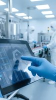 Gloved hand operating a touchscreen tablet with robotic arm interface in a sterile pharmaceutical manufacturing facility.