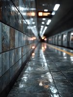 Empty subway station platform with wet floor reflecting lights from approaching train in urban underground tunnel creating atmospheric commuting scene.