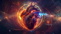 Anatomical heart floating in cosmic space surrounded by glowing energy rings and stellar elements. Medical science meets fantasy art concept for cardiology.