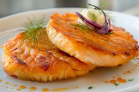 Grilled salmon medallions garnished with fresh dill and purple edible flowers on white plate, glazed with citrus sauce, close up view showing moist, flaky texture.
