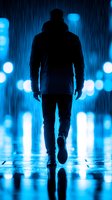 Silhouette of man walking in rain at night with blue neon lights reflecting on wet surface, creating dramatic urban atmosphere. Mysterious figure in dark clothing.