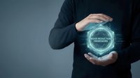 Good governance framework concept held in hands with digital hologram display and circuit board pattern on blue background.